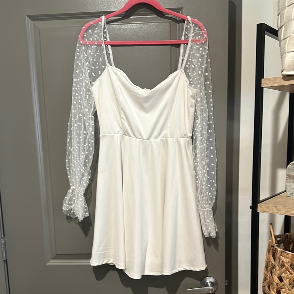 Elegant White Dress with Sheer Sleeves